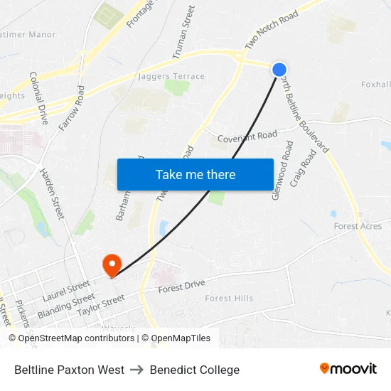 Beltline Paxton West to Benedict College map