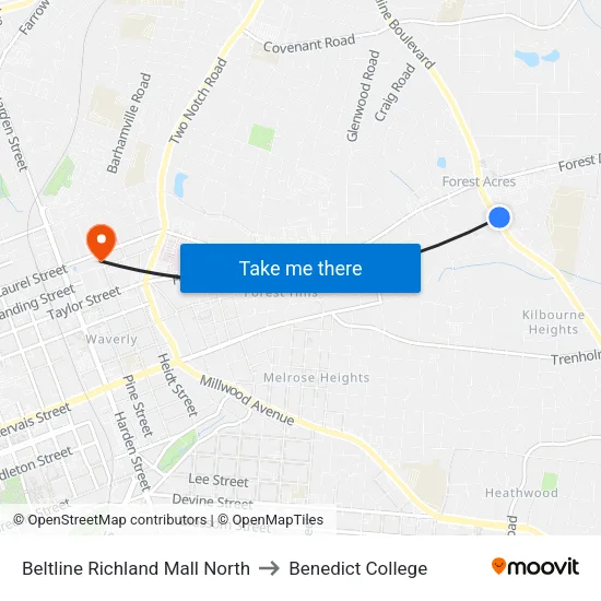 Beltline Richland Mall North to Benedict College map