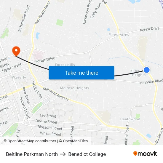 Beltline Parkman North to Benedict College map