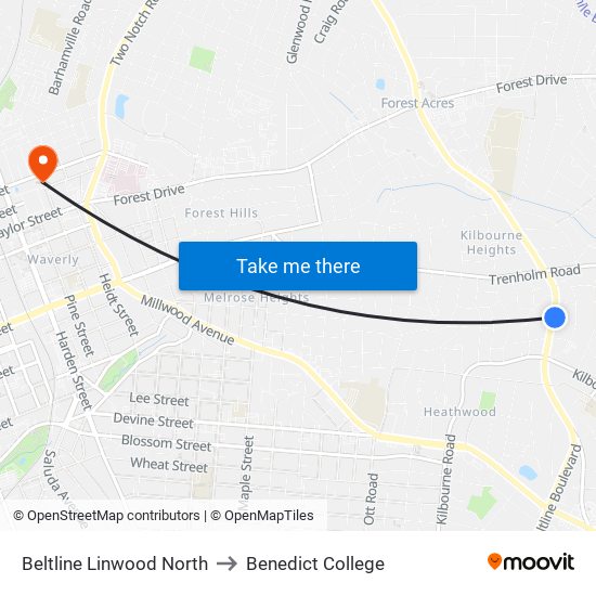 Beltline Linwood North to Benedict College map