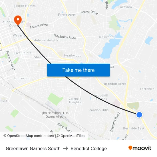 Greenlawn Garners South to Benedict College map