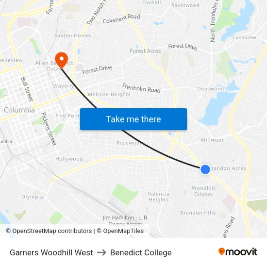 Garners Woodhill West to Benedict College map