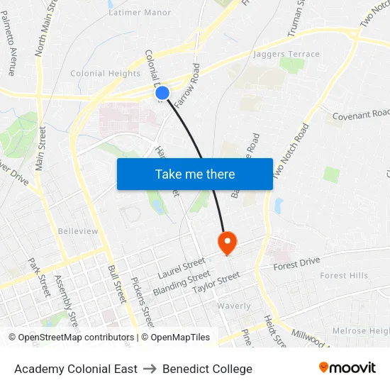 Academy Colonial East to Benedict College map