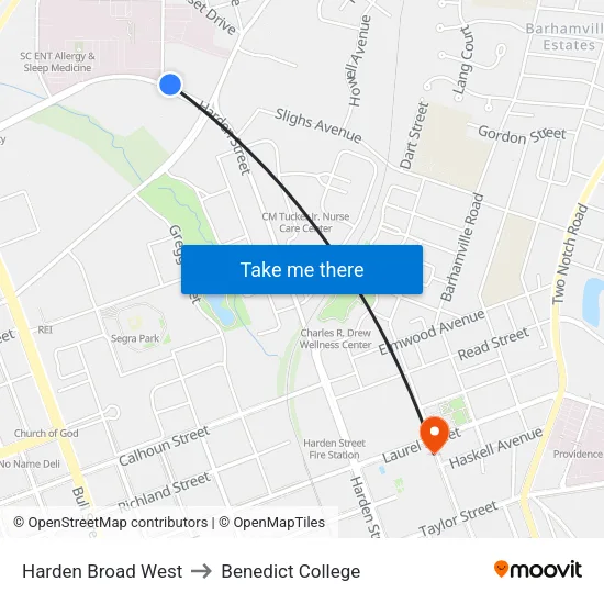 Harden Broad West to Benedict College map