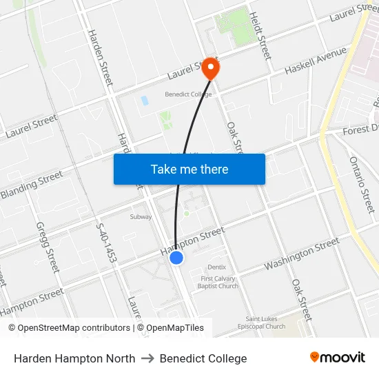 Harden Hampton North to Benedict College map