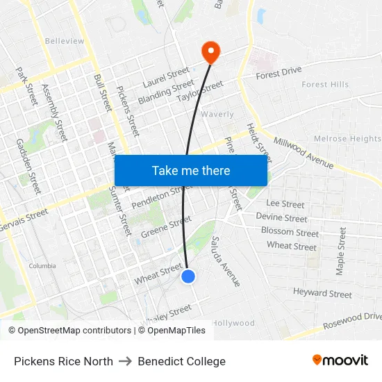Pickens Rice North to Benedict College map