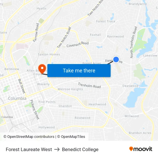 Forest Laureate West to Benedict College map