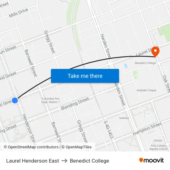 Laurel Henderson East to Benedict College map