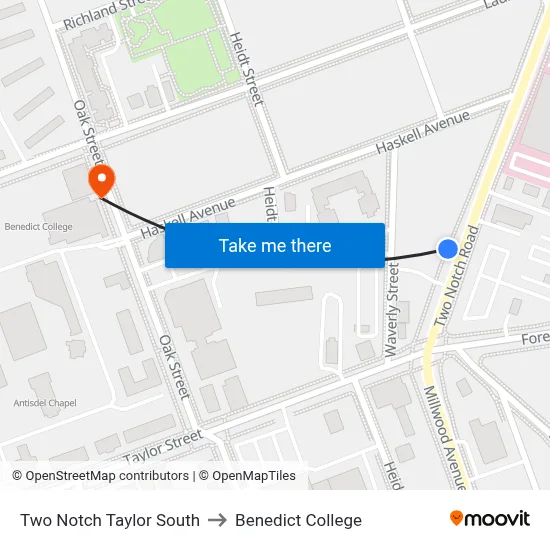 Two Notch Taylor South to Benedict College map