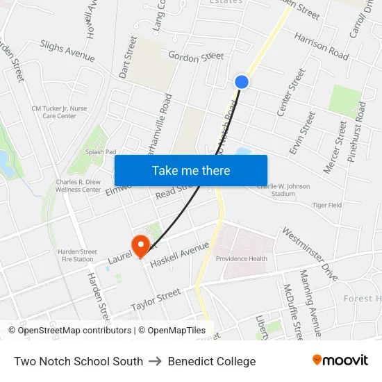 Two Notch School South to Benedict College map