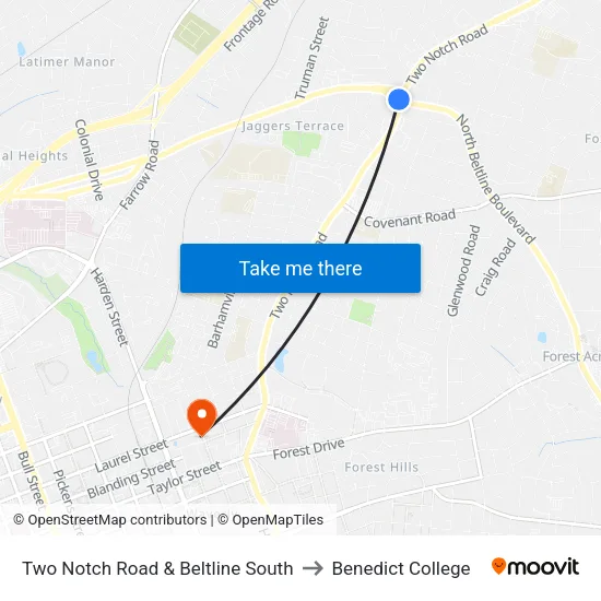 Two Notch Road & Beltline South to Benedict College map