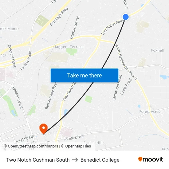Two Notch Cushman South to Benedict College map
