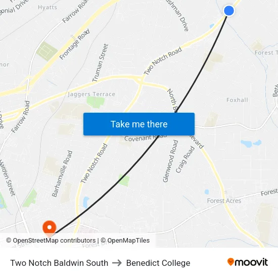 Two Notch Baldwin South to Benedict College map
