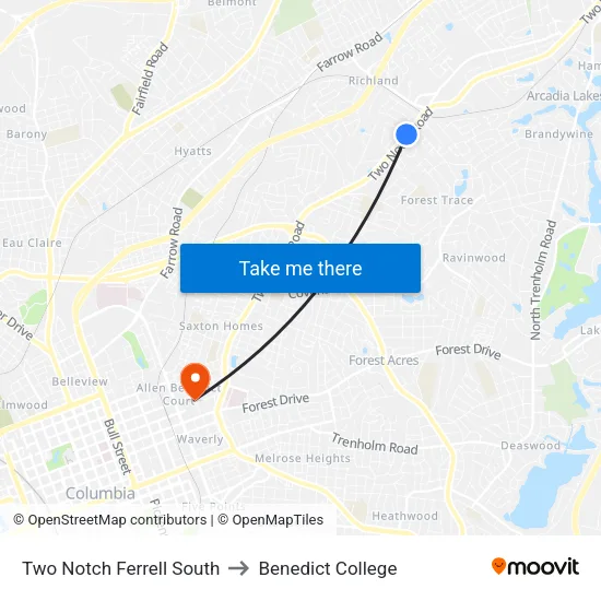 Two Notch Ferrell South to Benedict College map