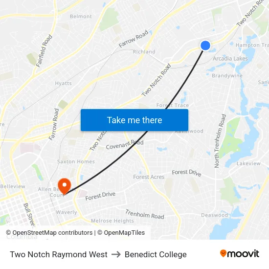Two Notch Raymond West to Benedict College map