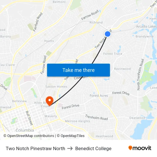Two Notch Pinestraw North to Benedict College map