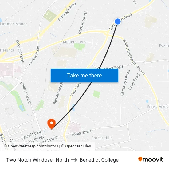 Two Notch Windover North to Benedict College map