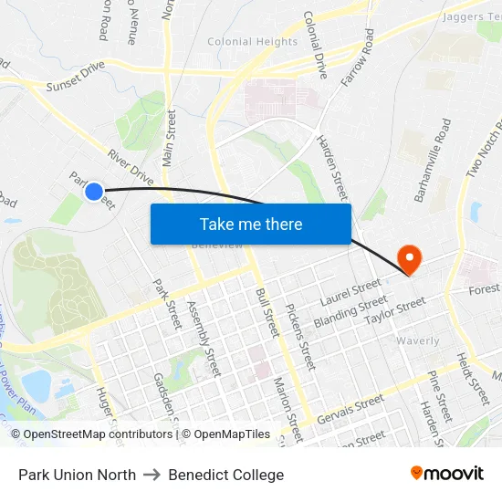 Park Union North to Benedict College map