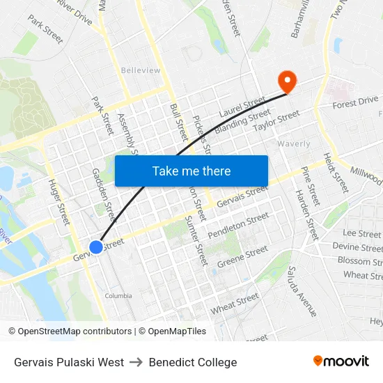 Gervais Pulaski West to Benedict College map