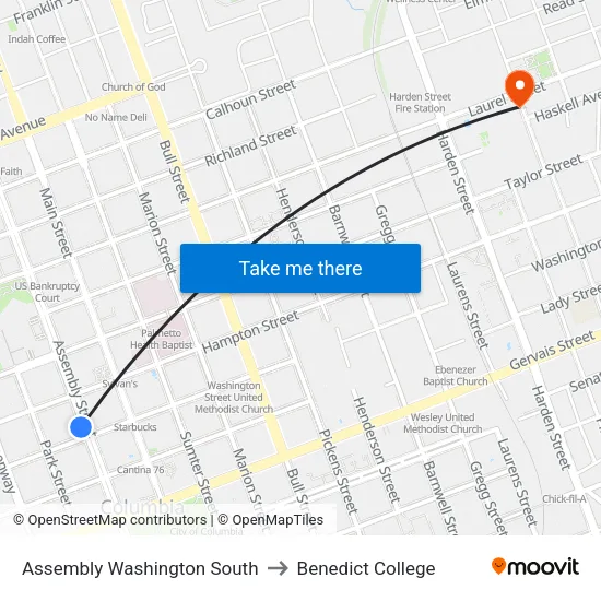Assembly Washington South to Benedict College map