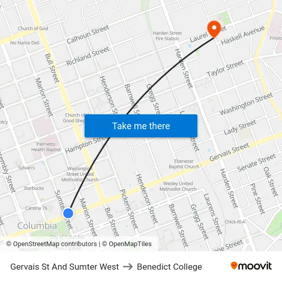 Gervais St And Sumter West to Benedict College map