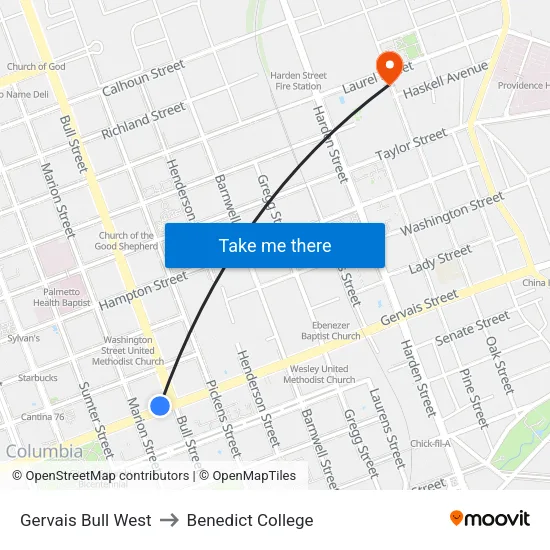 Gervais Bull West to Benedict College map