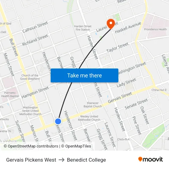 Gervais Pickens West to Benedict College map