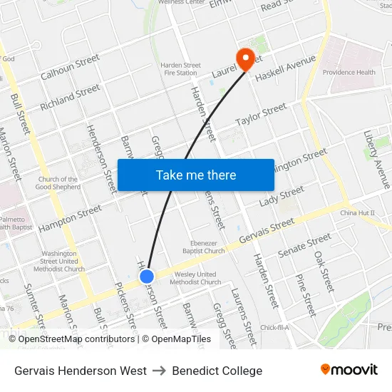 Gervais Henderson West to Benedict College map