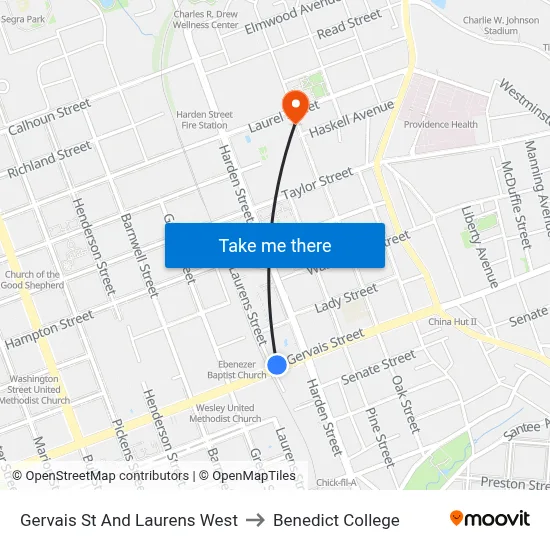 Gervais St And Laurens West to Benedict College map