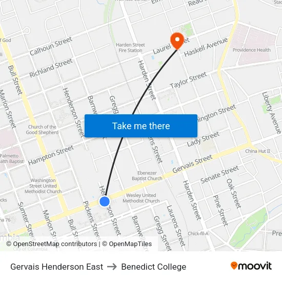 Gervais Henderson East to Benedict College map
