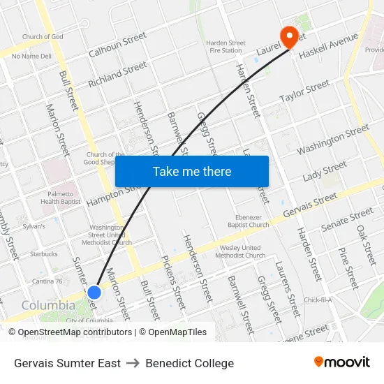 Gervais Sumter East to Benedict College map