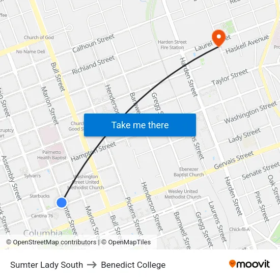 Sumter Lady South to Benedict College map