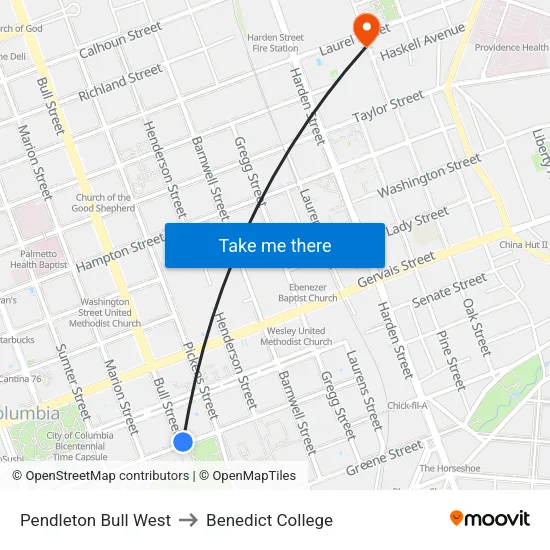 Pendleton Bull West to Benedict College map