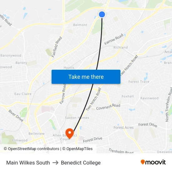 Main Wilkes South to Benedict College map