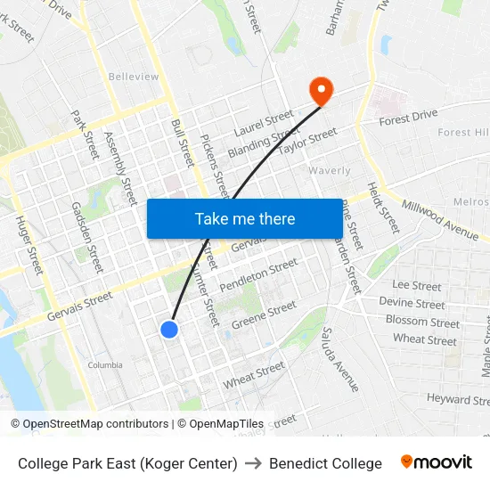College Park East (Koger Center) to Benedict College map