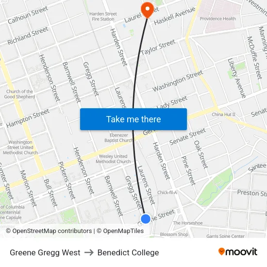 Greene Gregg West to Benedict College map