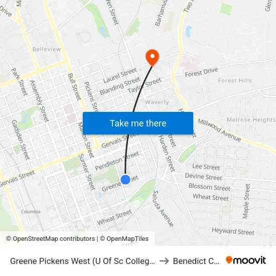 Greene Pickens West (U Of Sc College Of Nursing) to Benedict College map