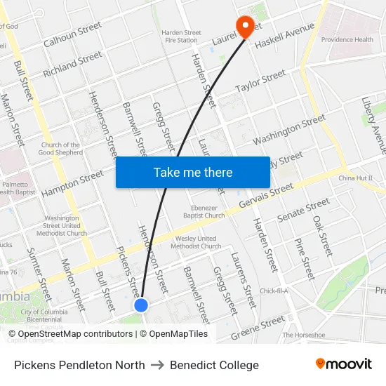 Pickens Pendleton North to Benedict College map