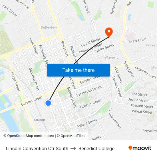 Lincoln Convention Ctr South to Benedict College map