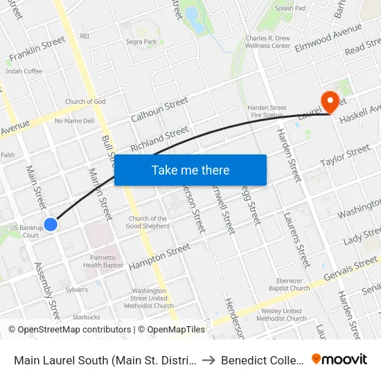 Main Laurel South (Main St. District) to Benedict College map