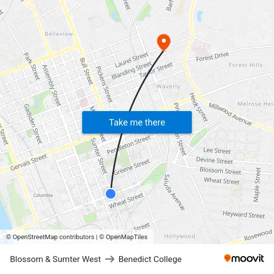 Blossom & Sumter West to Benedict College map