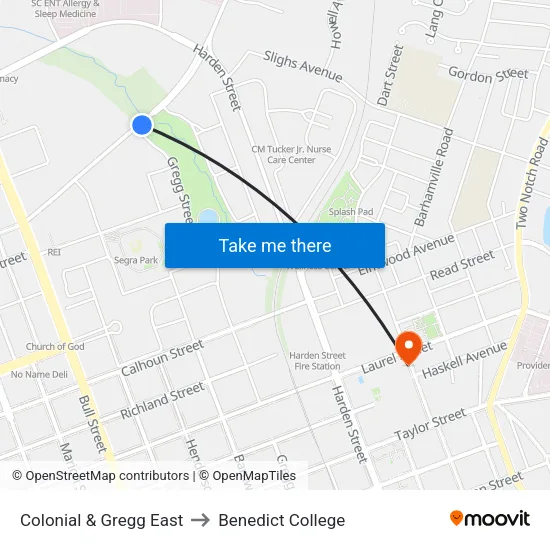 Colonial & Gregg East to Benedict College map