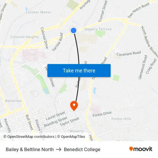 Bailey & Beltline North to Benedict College map
