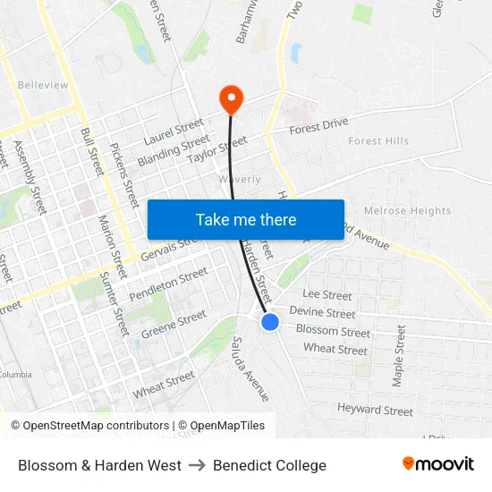Blossom & Harden West to Benedict College map