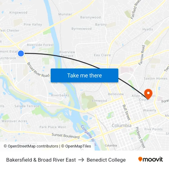 Bakersfield & Broad River East to Benedict College map