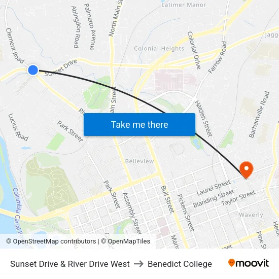 Sunset Drive & River Drive West to Benedict College map