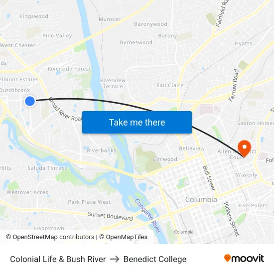 Colonial Life & Bush River to Benedict College map