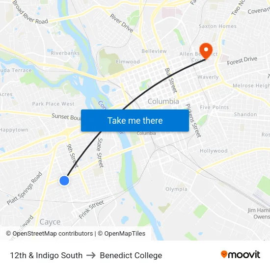 12th & Indigo South to Benedict College map