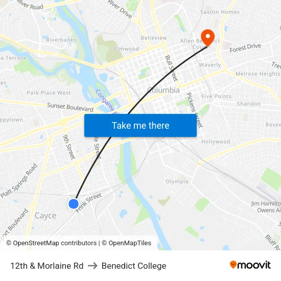 12th & Morlaine Rd to Benedict College map