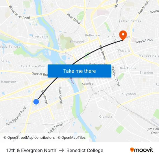 12th & Evergreen North to Benedict College map